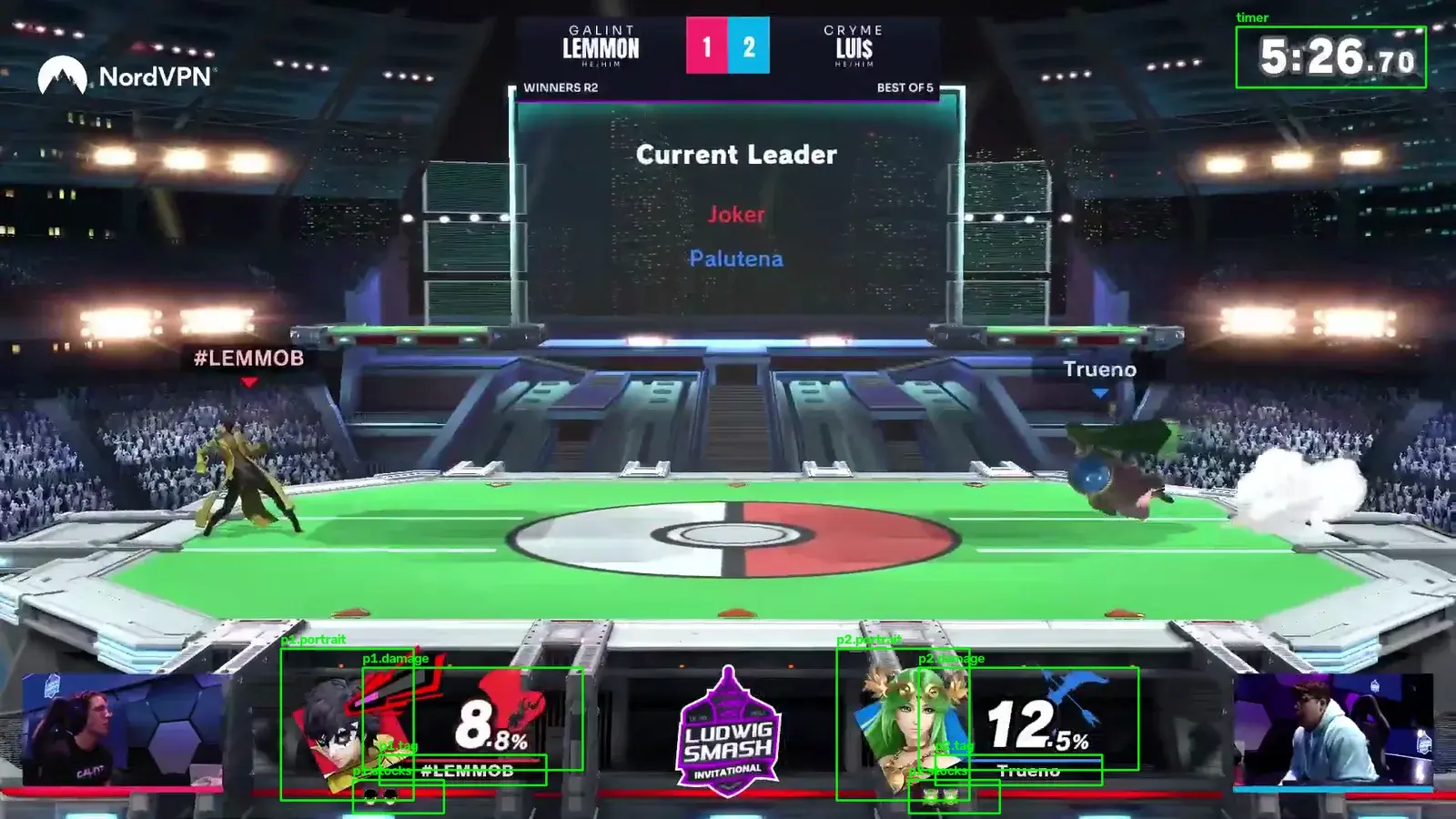 Tournament match frame with detected timer, portraits, damage values, tags, and stock regions outlined